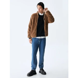 Düz Dik Yaka Fermuarlı Regular Fit Kahve Rengi Sweatshırt