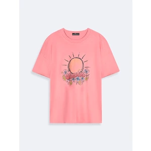 Kadın  Sıfır Yaka Kısa Kollu Relaxed Fit Pembe T-shırt