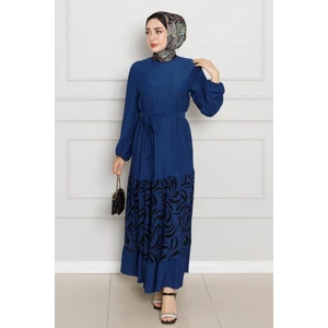 Eteği Desenli Karin Elbise-Saks Mavi