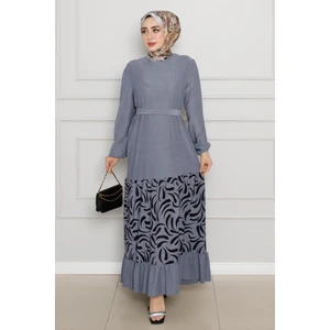 Eteği Desenli Karin Elbise-Gri