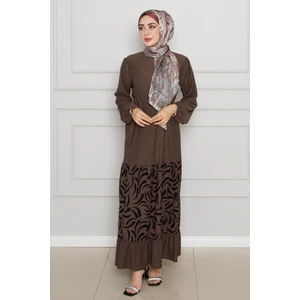 Eteği Desenli Karin Elbise-Kahverengi