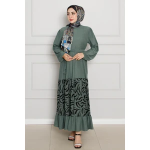 Eteği Desenli Karin Elbise-Zümrüt Yeşili
