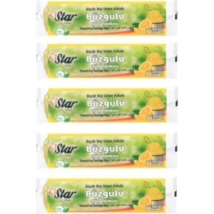 Star Plus Büyük Büzgülü Çöp Torbası Poşeti Büyük Boy 65 x 70 cm Limon Kokulu 5 Rulo = 50' li