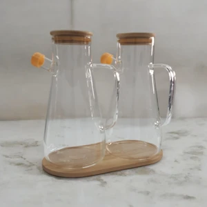 Üç Parça  Sızdırmaz Bambu Kapaklı Borosilikat Cam Yağdanlık Seti 900 ml ​