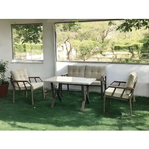NERGİZ KAPİÇİNO METAL 2 1 1 MERMER MASA BAHÇE BALKON MUTFAK MOBİLYASI,KREM
