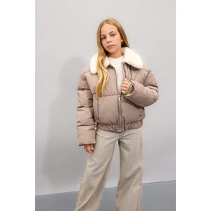 Kız Çocuk Suni Kürklü Yaka Rüzgar Geçirmez Fermuarlı Şişme Mont C5388A824WN