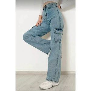 Kız Çocuk  Pamuk Açık Mavi Yüksek Bel Wide Leg Geniş Paça Kargo Cepli  Kot PANTOLON-PNT-2029-K