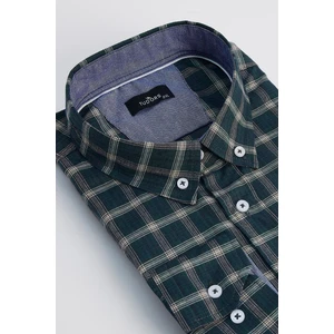 Erkek Big Size Büyük Beden Pamuklu Küçük Kareli Düğmeli Yaka Gömlek