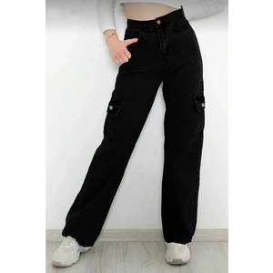 Kız Çocuk %100 Pamuk Yüksek Bel Wide Leg Kargo Cepli Siyah Kot PANTOLON-PNT-2029-K