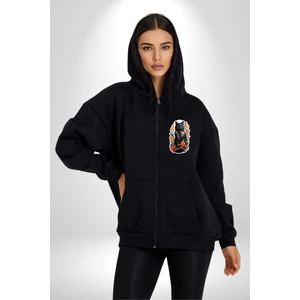 Çiçekli Siyah Kedi Etiket  Kadın Erkek Siyah Renk Kapüşonlu Kanguru Cepli  Fermuarlı Pamuklu Oversize Dijital Baskılı Hırka Sweatshirt