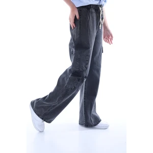 Kız Çocuk %100 Pamuk Oversize Geniş Kesim Kargo Cepli Füme Kot PANTOLON-PNT-2042