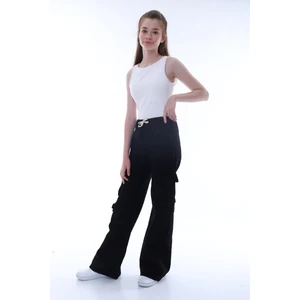 Kız Çocuk Oversize Kargo Cepli %100 Pamuk Beli Lastikli Siyah Kot PANTOLON-PNT-2042