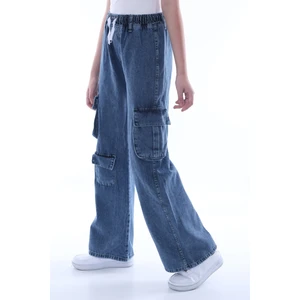 Kız Çocuk Pamuk Denim Oversizegeniş Kesim Kargo Koyu Mavi Kot Pantolon -PNT-2042