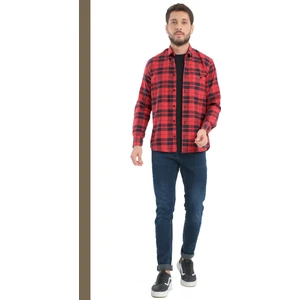 Erkek Koyu Kırmızı Kareli Kışlık Yünlü Cepli Geniş Kesim Gömlek