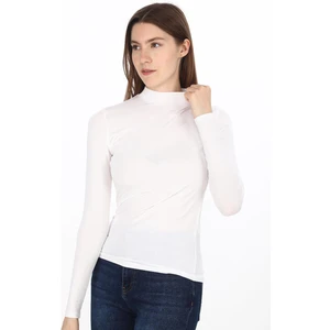 Kadın Viskon Dik Yaka Slim Fit Tişört-Beyaz
