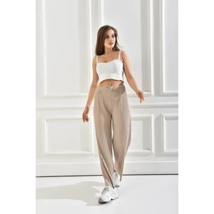 Kadın Ribana Kumaş Fitilli Pantolon Bej