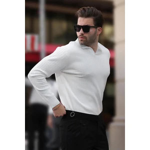 Beyaz Polo Yaka Çizgili Uzun Kollu Kazak 7239