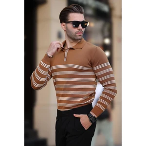 Kahverengi Düğmeli Polo Yaka Çizgili Uzun Kollu Kazak 7270