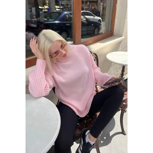 Pembe Yarım Balıkçı Yaka Fitil Detaylı Kadın Kazak MG2156