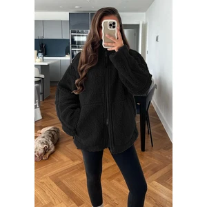 Siyah Dik Yakalı Cepli Peluş Mont MG1966