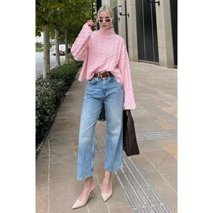 Pembe Balıkçı Yaka Örme Triko Kazak MG2172