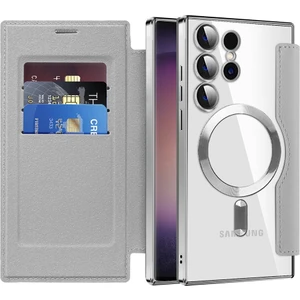 Samsung Galaxy S24 Ultra Için Magsafe Şeffaf Elektrokaplama Manyetik Pu Deri Telefon Kılıfı - Gümüş (Yurt Dışından)
