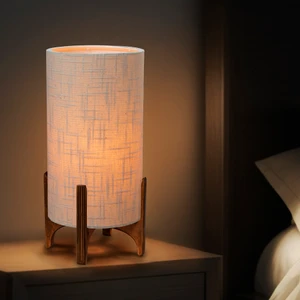 Ahşap Abajur Bej Hasır Desenli Modern Şık Yatak Odası Salon Masa Lambası