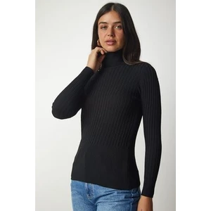 Balıkçı Yaka Fitilli Basic Kazak Siyah