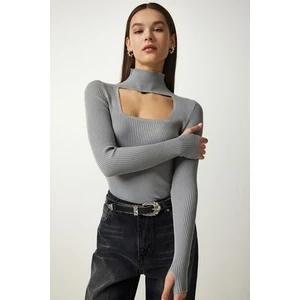 Cut Out Detaylı Dik Yaka Fitilli Triko Kazak Taş