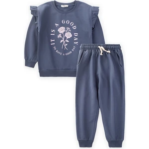 Gül Baskılı Kız Sweatshirt Takım 3-14 Yaş Lacivert