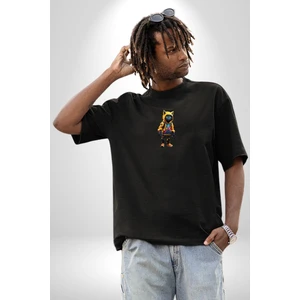 Spor Eşofman Takımı Sarı Kedi Insan Siyah Oversize Kadın Erkek Ön Orta Minimal Baskılı T-Shirt