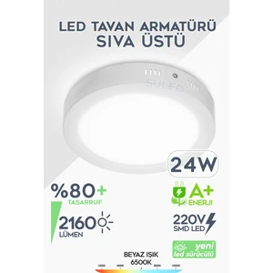 Güçlü LED Tavan Armatürü 24W Beyaz Işık 2160LM 220V 28CM 6500K Beyaz Ev Ofis Atölye Balkon IP20