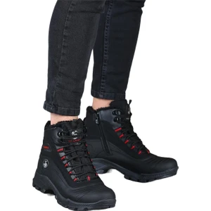 Erkek Su ve Soğuğa Dayanıkı İçi Yünlü Kaymaz Kauçuk Taban Fermuarlı Trekking Outdoor Bot SİYAH - KIRMIZI