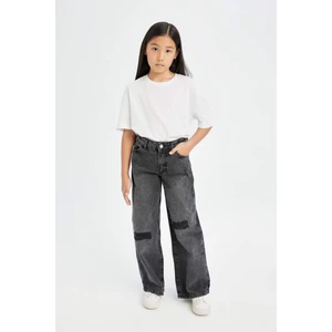 Kız Çocuk Wide Leg Jean Pantolon Yırtık Detaylı Geniş Bol Paça Cepli Antrasit D3372A824WN