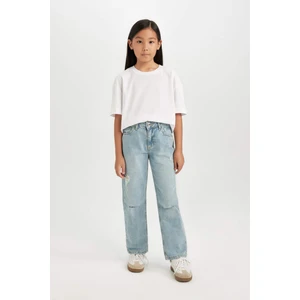 Kız Çocuk Straight Fit Yırtık Detaylı Düz Paça Cepli Jean Pantolon D3370A824WN