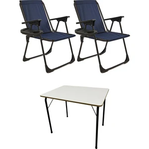 2 Adet Kamp Sandalyesi Katlanır Piknik Sandalye Oval Bardaklıklı Lacivert + MDF Masa