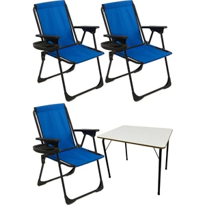 3 Adet Kamp Sandalyesi Katlanır Piknik Sandalye Oval Bardaklıklı Mavi + MDF Masa