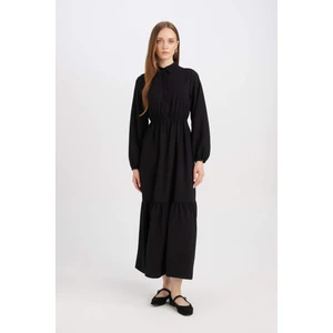 Gömlek Yaka Basic Düz Düğmeli Beli Büzgülü Uzun Kollu Maxi Siyah Elbise D5851AX24AU