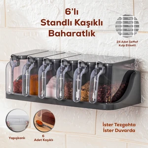 6 lı Standlı Kendinden Yapışkanlı Kaşıklı Kapaklı Baharatlık Takımı - Baharatlık Seti