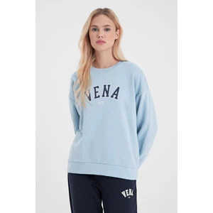 Kadın Bisiklet Yaka Gök Mavisi Logo Baskılı Pamuklu Sweatshirt