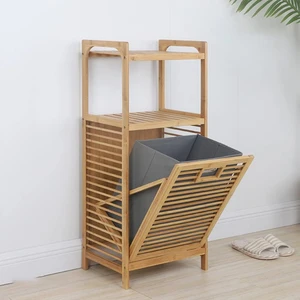 Begin Power Bambu 2 Raflı Kirli Sepeti Çok Amaçlı Banyo Düzenleyici Organizer Raf