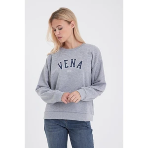 Kadın Bisiklet Yaka Gri Melanj Logo Baskılı Pamuklu Sweatshirt