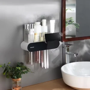 Yapışkanlı Manyetik 2'li Bardak Tutuculu Diş Macunu Sıkacağı ve Tutacağı Banyo Düzenleyeci