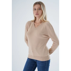 Trist Star Kadın Bej %100 Organik Pamuk V Yaka Triko Kazak Bluz TRIST-6102