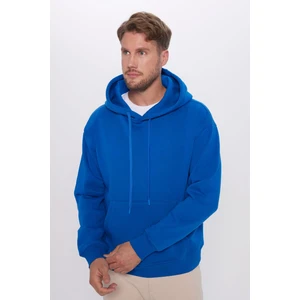 Unisex Oversize Geniş Kesim Pamuklu Yumuşak Dokulu İçi Polarlı Basic Sax Mavi Kapüşonlu Sweatshirt