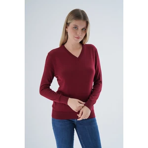 Trist Star Kadın Bordo %100 Organik Pamuk V Yaka Triko Kazak Bluz TRIST-6102