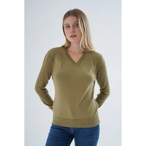 Trist Star Kadın Olive %100  Organik Pamuk V Yaka Triko Kazak Bluz TRIST-6102