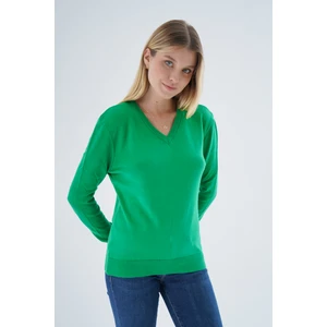 Trist Star Kadın Yeşil %100 Organik Pamuk V Yaka Triko Kazak Bluz TRIST-6102