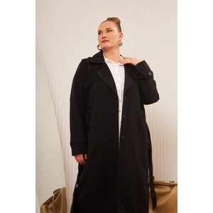 Büyük Beden Astarlı Uzun Trençkot Siyah