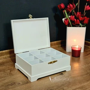 Tekir Store Bazalı Orta Boy Ahşap Takı Saat Kutusu Organizer 9 Bölmeli Beyaz Lake Sandık